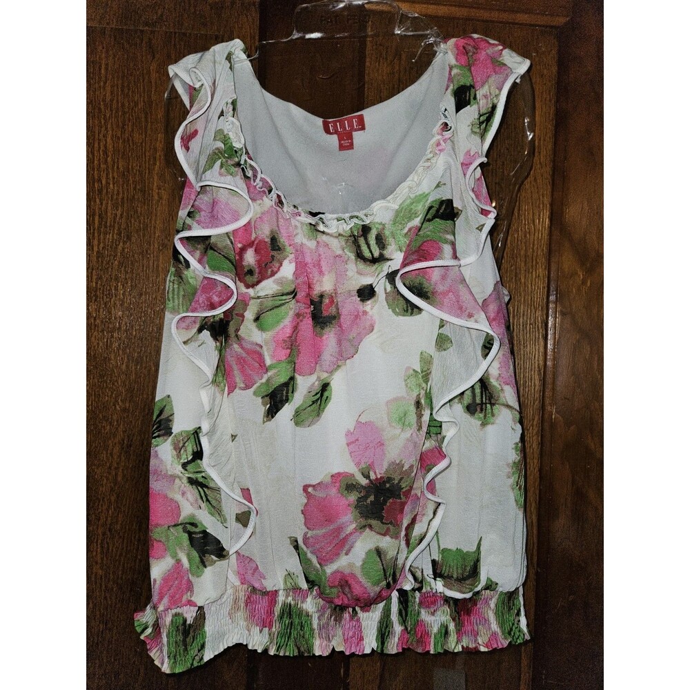 Elle White Green Pink Floral Ruffle Mesh Sleeveless Sheer Blouse Top Women Large
